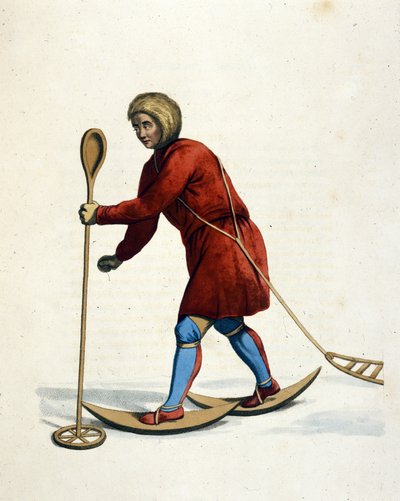 Mann av Ostiak-stammen (Khanty eller Khante) (Sibir) på ski. Gravering av "The Costume of the Russian Empire" London 1803. av Unknown artist