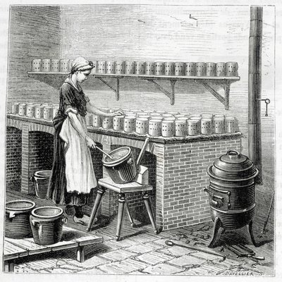 Produksjon av camembertost (ostemasse helles i blåskjell) - i "" Industriens underverk"" av Louis Figuier av Unknown artist