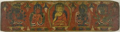 Manuskriptomslag med Buddha, to bodhisattvaer og to beskyttende guddommer (Lokapalas) av Unknown artist