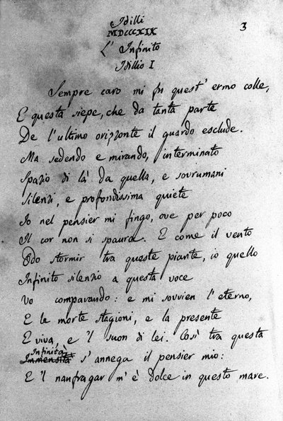Manuskript av "" Idilli"" (Idyllene) av den italienske poeten Giacomo Leopardi (1798 - 1837) 1800-tallet av Unknown artist