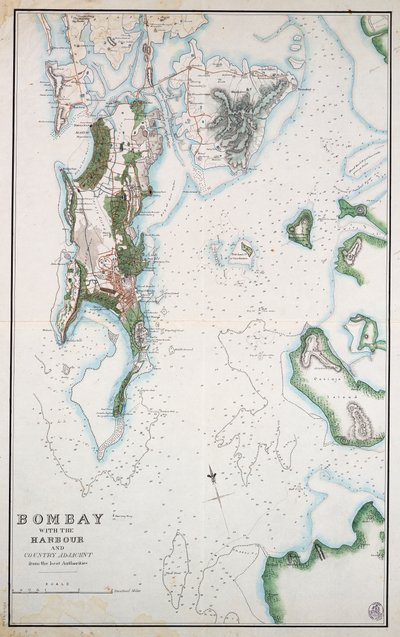 Kart over Bombay med havnen og tilstøtende land, også vist Arabiahavet og Persiabukta, ca. 1855 (blekk, akvarell) av Unknown artist