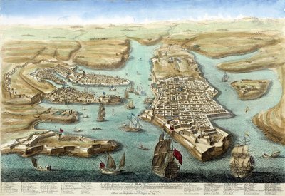 Kart over havnen på Malta, dens festningsverk og slottet. 1700-talls gravering. av Unknown artist
