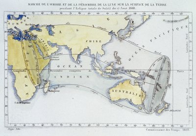 Kart, utgitt av Bureau of Longitudes, som viser marsj av månens skygge og mørke på jordens overflate under formørkelsen i 1868 av Unknown artist