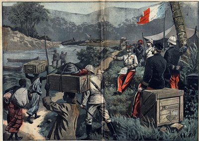 Marchand Mission in Africa (1896-1899): the expedition taking possession of the Upper Nile in 1898. Launch of the demontable steam “” le Faidherbe”” on the M