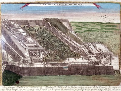 Marly de Rennequins maskin pleide å kjøre vannet i Seinen til Versailles via Marly-akvedukten. Gravering fra 1700-tallet. av Unknown artist