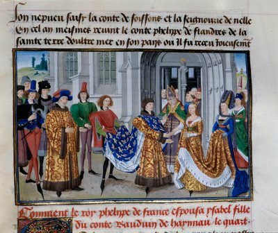 Ekteskap med Philippe Auguste (1165-1223) og Isabelle de Hainault (28. april 1181). Miniatyr i "" Chronicles of Emperors"" av Loyset Liedet (1420-1479) av Unknown artist