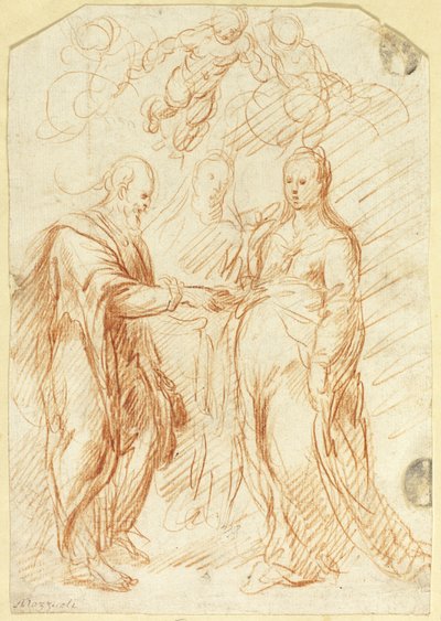 Jomfru Marias ekteskap (recto); skisser av nedre ansiktshalvdel i profil (verso) av Unknown artist