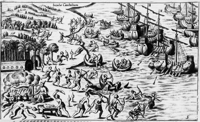 Møte mellom folket til Christopher Columbus og kannibalene - i "Nova Tipus Transacto Navigatio Novi Orbi"" av Philoponus Honorius av Unknown artist