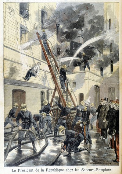 Møte med republikkens president Felix Faure, med brannmennene under en intervensjon mot en brann. Illustrasjon av den "lille avisen" fra 1898. av Unknown artist