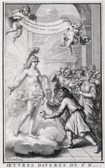 Menn ser på seg selv uten maskene foran speilet av allegorien om sannheten. Gravering fra 1700-tallet. av Unknown artist