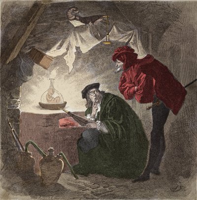 Mephistopheles (Mephisto) a Faust Illustration de "" Faust"" av Johann Wolfgang von Goethe (1749-1832) (Illustrasjon for "" faust""" av Goethe) Gravering av Unknown artist