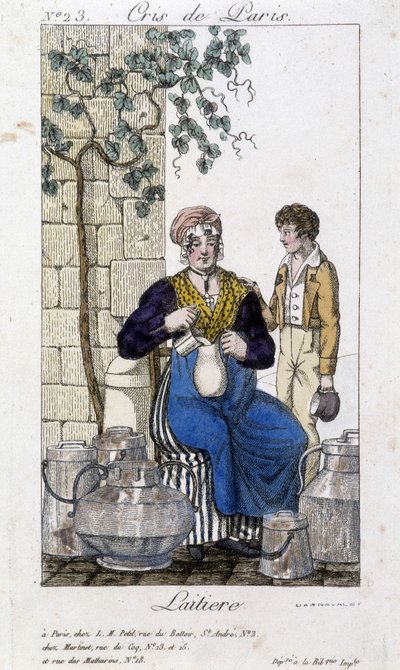 Melk som heller melk i en flaske for en ung mann - i "" Cris de Paris"", deb. 1800-tallet av Unknown artist