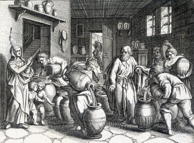 Mirakel av Elisee, bibelsk profet og disippel av Elia som med kappen sin formidler sin ånd og krefter til ham. Gravering fra 1724. av Unknown artist