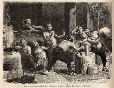 Mitroner banker ris, før den brygges for å lage risøl. Gravering for å illustrere reisen til Japan, av Aime Humbert, minister for det sveitsiske konføderasjonen, i 1863-1864, publisert i "" Le tour du monde""" 1869, redigert av Edouard Charton, utgave Hach av Unknown artist