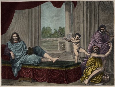 Moliere Jean Baptiste Poquelin (1622-1673) som fremkaller komediens ånd for å forkaste laster og avskaffe hykleri - Gravering etter et maleri som forsvant fra 1600-tallet av Unknown artist