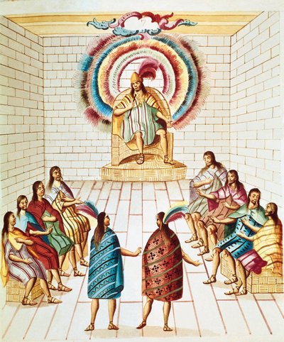 Montezuma (eller Moctezuma II), aztekisk keiser (1466-1520) og hans råd Akvarell hentet fra "Theater of New Spain" av Diego Garcia Panes (1730-1811) Mexico City, Nasjonalbiblioteket av Unknown artist