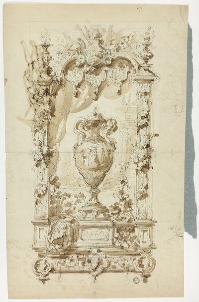 Monumental vase i ornamental ramme (rekto); skisse av stående mann med parasoll og papegøye, og arkitekturstudier (verso) av Unknown artist