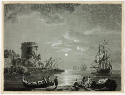 Måneskinnsscene i fiskehavnen av Unknown artist
