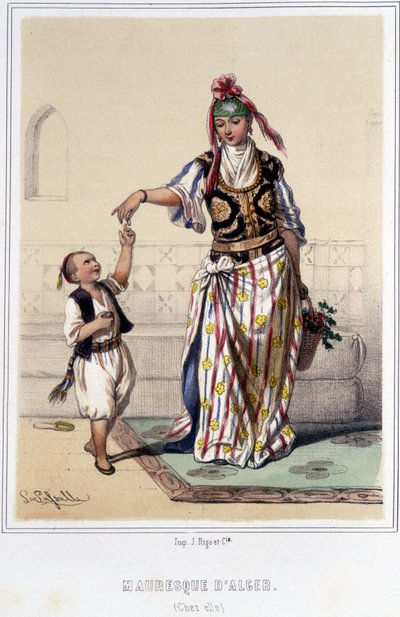 Maurisk kvinne ledsaget av et barn hjemme i Alger i løpet av andre halvdel av 1800-tallet. av Unknown artist