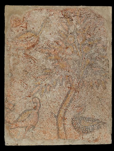Mosaikkfragment med tre fugler og et tre av Unknown artist