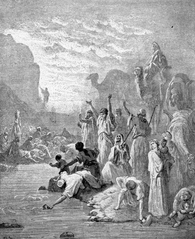 Moses får vann til å renne ut av fjellet. av Unknown artist