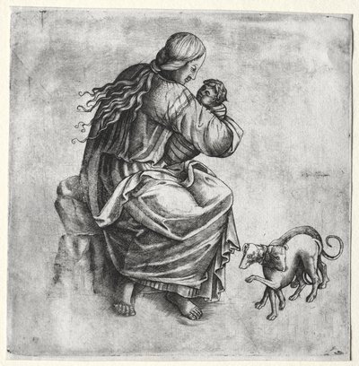 Mor og barn med to hunder av Unknown artist