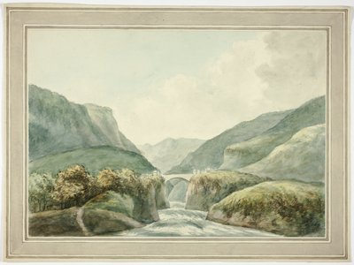 Fjellby ved bro over stryk av Unknown artist