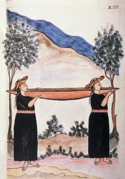 Moyobamba-indianere som har på seg kanoen sin, fra boken "Trujillo del Peru" eller "Codex Martinez Companion", av Baltazar Martinez Companion og Bujanda, biskop av Trujillo (1782-1785) av Unknown artist