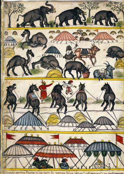 Mughal militærleir. Side fra manuskriptet (ms.8300) “” History of Mogol”” (Moghul eller Moghol) av Stefano Nivibus Cardeira. 18. århundre. Bibloteca marciana, Venezia av Unknown artist