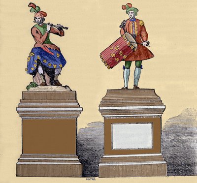 Musikere automater: "" The traversiere flute player"" (1737) og "" Tambourine player" (1738). De er laget av Jacques de Vaucanson (1709-1782), fransk ingeniør. av Unknown artist