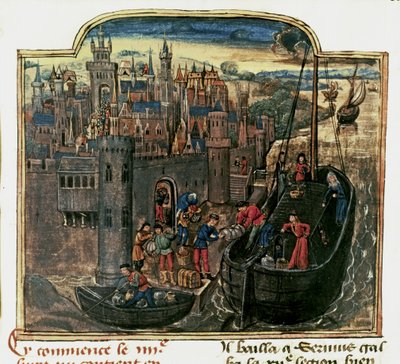 NAVIGASJON: Lasting av et handelsskip, sent på 1400-tallet (miniatyr) av Unknown artist