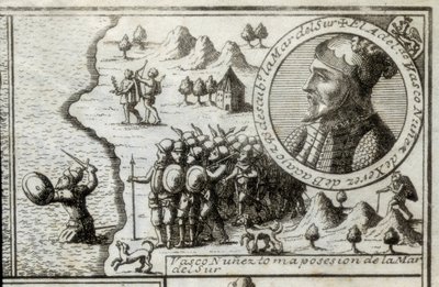 NUNEZ DE BALBOA, Vasco (1475–1517). Engelsk oppdager og erobrer. Spania. Spansk kolonisering (1513). Vasco Nunez tar Sørhavet i besittelse. Bilde fra 1728. Gravering. av Unknown artist