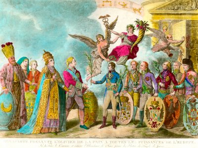 Napoleon Bonaparte (1769-1821) presenterer fredens oliventre til alle maktene i Europa. Gravering 1801 Privat samling av Unknown artist
