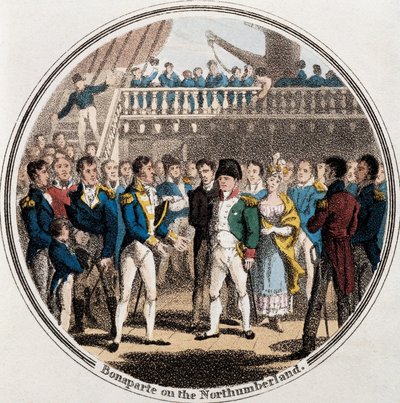 Napoleon Bonaparte og den engelske admiralen George Cockburn på Northumberland akkompagnert av Madame Bertrand (farge litho) av Unknown artist
