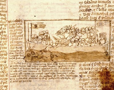 Sjøslag mellom sarasenere og korsfarere i 1120. Ifølge manuskriptet «Pilegrimsreisen til det hellige land» fra 1100-tallet. Marciana, Venezia. av Unknown artist