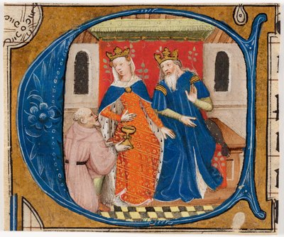 Nehemja foran kong Artaxerxes, initialen #39;C#39; fra en bibel av Unknown artist