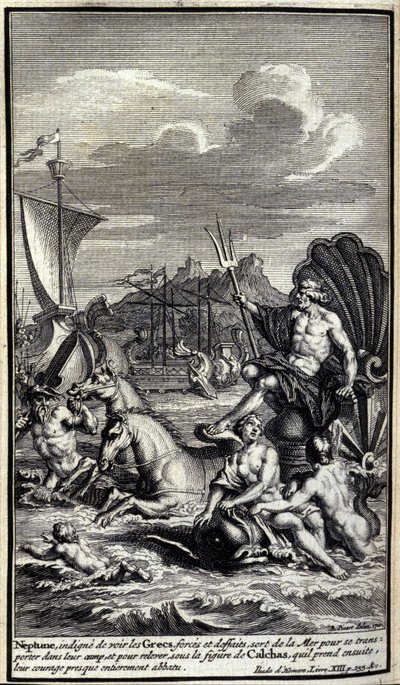 Neptun, som er uverdig til å se grekernes styrker og gjerninger, forlater havet for å frakte seg til leiren deres, og for å reise seg opp under figuren til Calchas som han så tar, deres mot nesten fullstendig ødelagt. Illustrasjon av bok XIII av Iliaden av av Unknown artist
