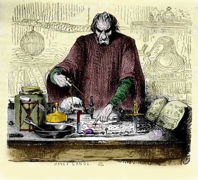 Nicolas Flamel (1330 - 1418) i laboratoriet hans. av Unknown artist