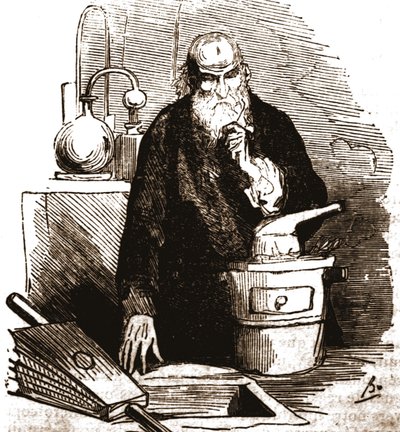 Nicolas Flamel (1330 - 1418) i laboratoriet hans. av Unknown artist