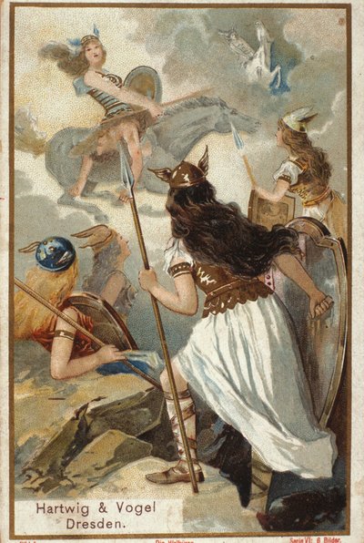 Nordisk mytologi: Walkyries (jomfrukrigere) i Valholl (eller Walhalla, Valhalla, Valhalle: sted hvor modige krigere blir brakt) og krigeres fall i kamp. kromolitografi fra 1800-tallet av Unknown artist