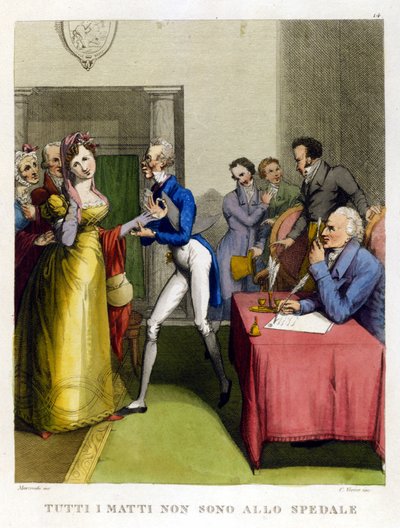 "Ikke alle idioter er på sykehuset." Illustrasjon fra en samling av ordtak fra 1700-tallet av Unknown artist