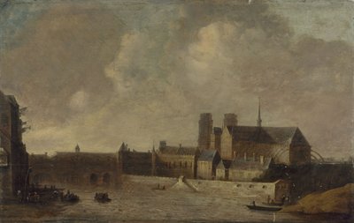 Notre-Dame og erkebiskopens palass, sett fra Quai de la Tournelle, cirka 1640, dagens 4. arrondissement, mellom 1635 og 1645 (olje på tre) av Unknown artist