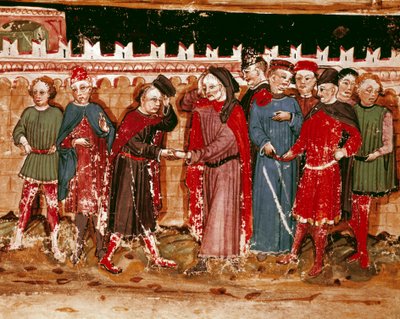 Tjenestemenn for miniatyrgabellen fra manuskriptet (Ms. H V-5) "Codex de Privileges"" av Unknown artist