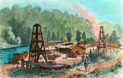 Oljebrønner på Tarr Farm i Pennsylvania, USA. Gravering av 1800-tallet. Privat samling av Unknown artist