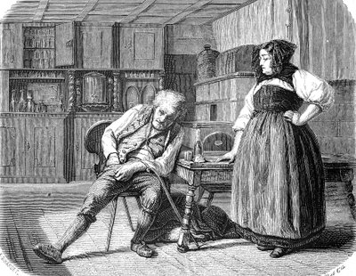 Gammel mann på et vertshus i Frankrike, ser i lommen etter penger for å betale regningen av Unknown artist