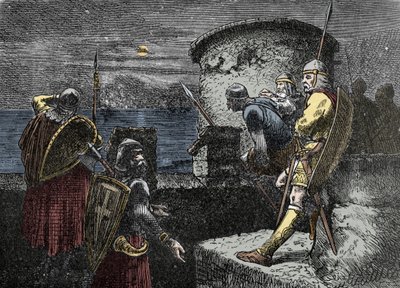 På utkikk etter nordmenn - varegue-vakten (Varangian) observerer horisonten bak festningsverkene av Unknown artist