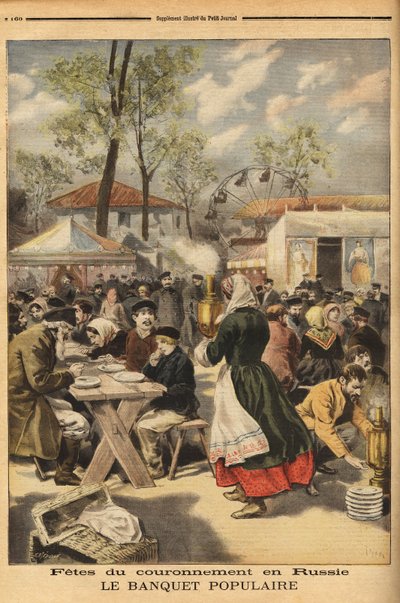 I anledning kroningen av tsar Nicholas II tilbys en populær bankett til 500 000 russere på Khodinskoie-manøverfeltet i Moskva, innledet med teaterforestillinger. Gravering i "" Le petit journal"" 17.05.1896. Selvas samling. av Unknown artist