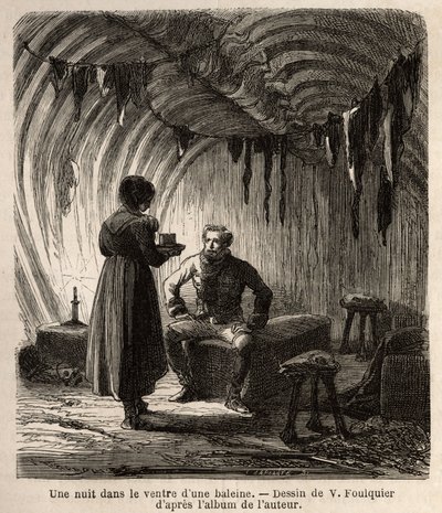 En natt i magen til en hval blir forfatteren ønsket velkommen under sin reise i en boer, hjemmet til fiskere, hvis ramme og møbler er laget av skjelettet til den enorme hvalen og av skinn fra sel, hester og hunder. Gravering for å illustrere vo av Unknown artist