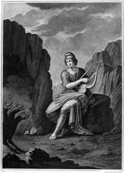 Orfeus ved inngangen til underverdenen møter Cerberus. Litografi. 1800-tallet av Unknown artist