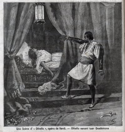 Othello drepte nettopp Desdemona i sengen hans. Scene fra operaen "" Othello"" av Giuseppe Verdi (1813-1901) Gravering i "" Le Parisien"" av Unknown artist